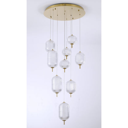 9-Light Flushed Brass Dimmable LED Chandelier With Hanging Clear  PC shades