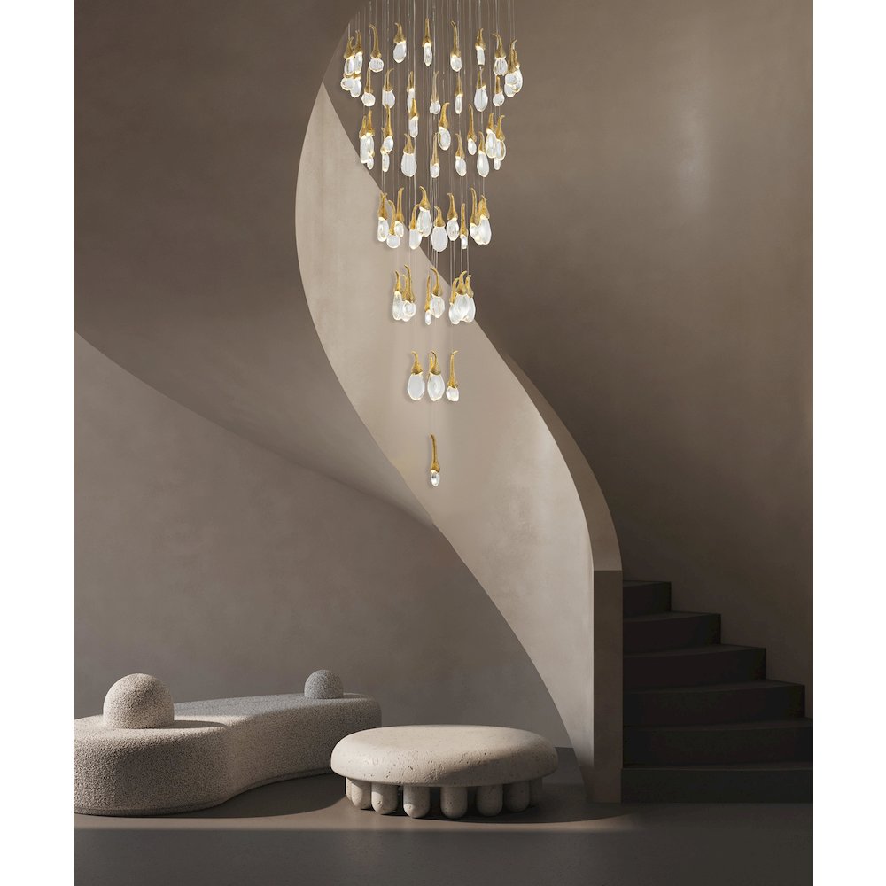 60-Light Antique Brass Metal LED Chandelier With Hanging Crystals