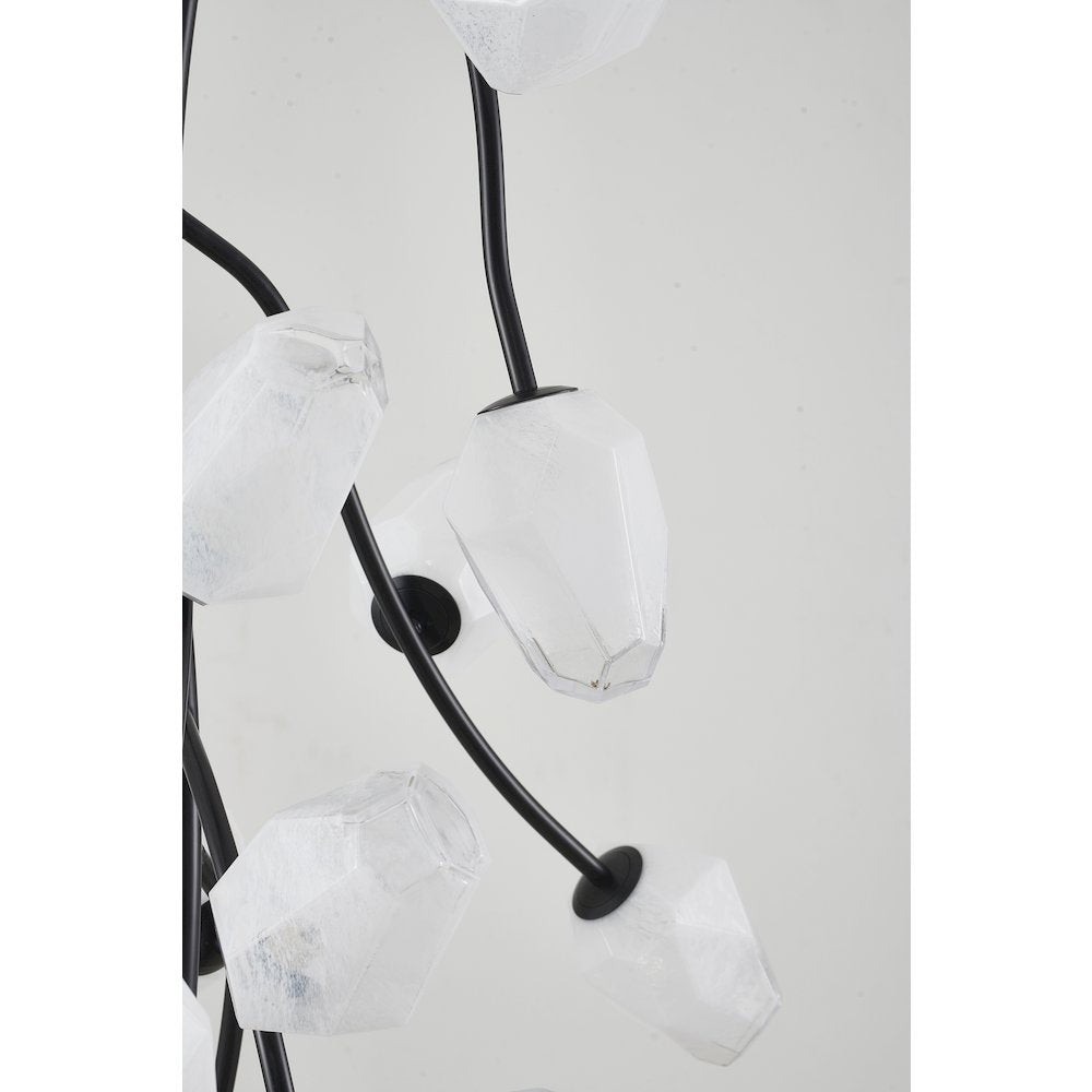 22-Light black iron frame chandelier with white glass shades