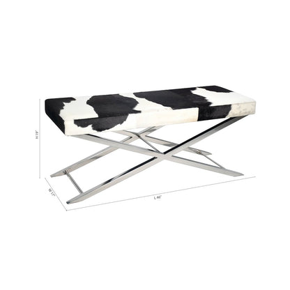 Chrome Stainless Steel Bench With Black And White Hairline Leather