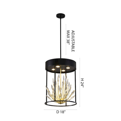 4-Light Matte Black Pendant With Gold Branches And Clear Crystals