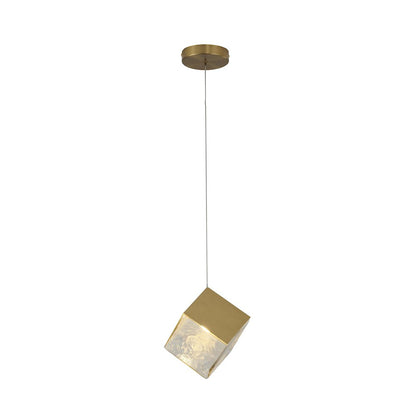 1-Light Brass Cubed Pendant With A Clear Distorted Glass Shade