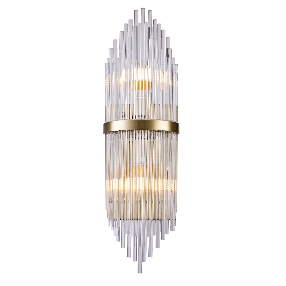 2-Light Antique Brass Metal Wall Sconce With Clear Glass Rods