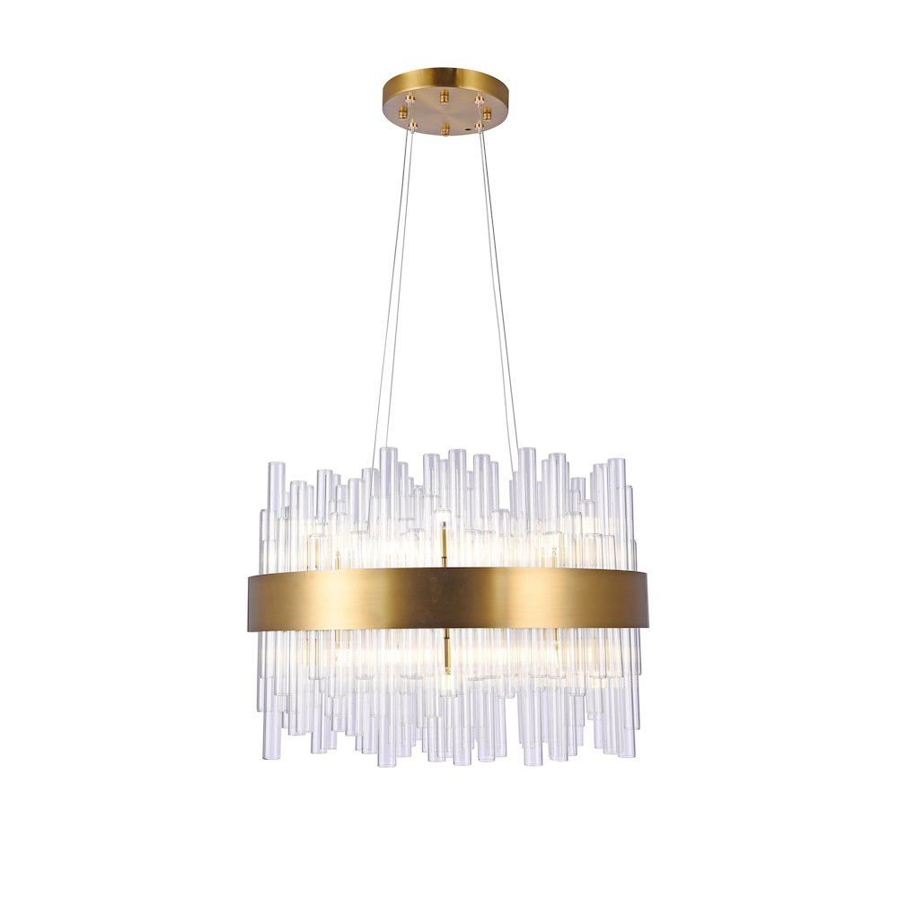 24-Light Matte Brass Chandelier With Clear Glass Rods