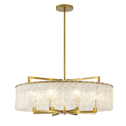 8-Light Brass Chandelier With Hanging Clear Rippled Glass