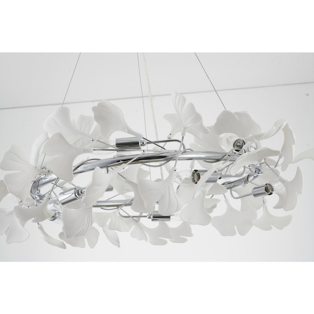 10-Light Chrome Chandelier With White Acrylic Leafs