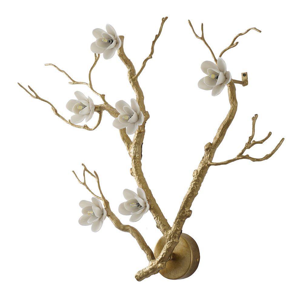 6-Light Brass Aluminum Wall Sconce With White Ceramic Shades