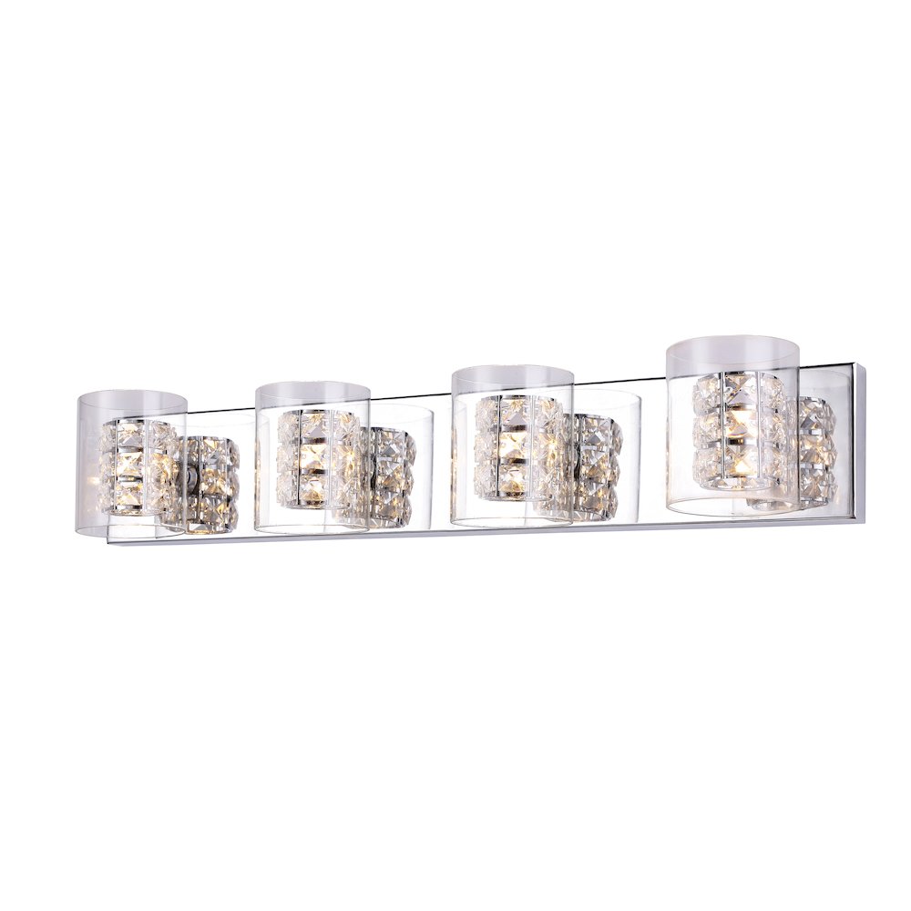 4-Light Chrome Wall Sconce With Clear Crystals And Glass Shades
