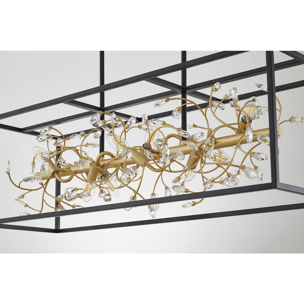 8-Light Black Cage Chandelier With Gold Branch And Clear Crystals