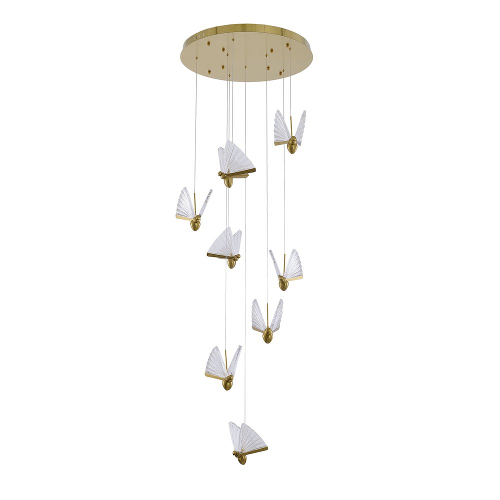 8-Light Stain Brass LED Chandelier With Butterfly Pendants