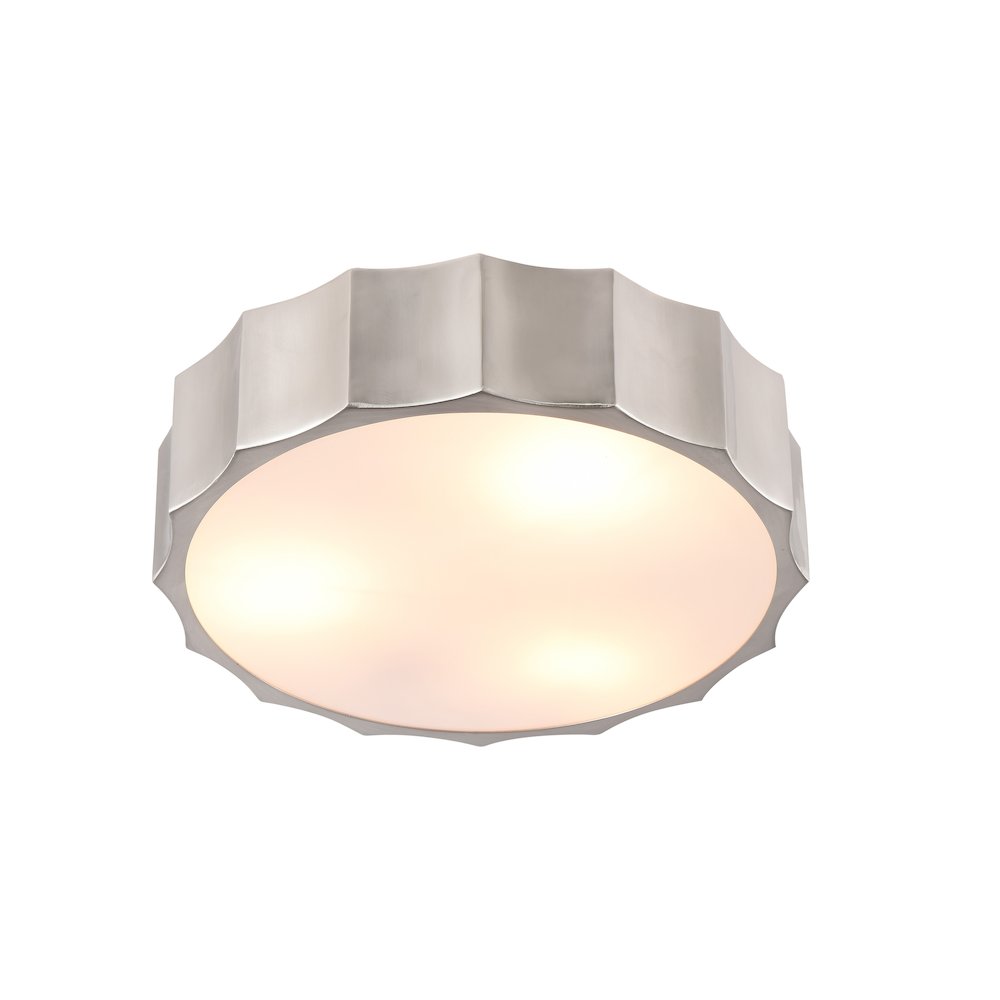 4-Light Shiny Nickel Iron Flush Mount With A White Acrylic Bottom Cover