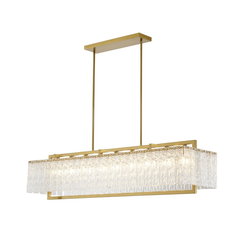 9-Light Brass Chandelier With Hanging Clear Rippled Glass
