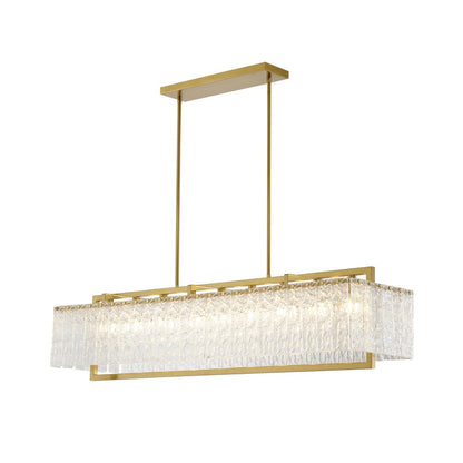 9-Light Brass Chandelier With Hanging Clear Rippled Glass