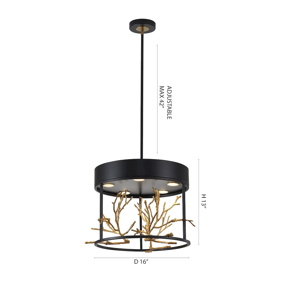 5-Light Matte Black Pendant With Gold Branch Accents