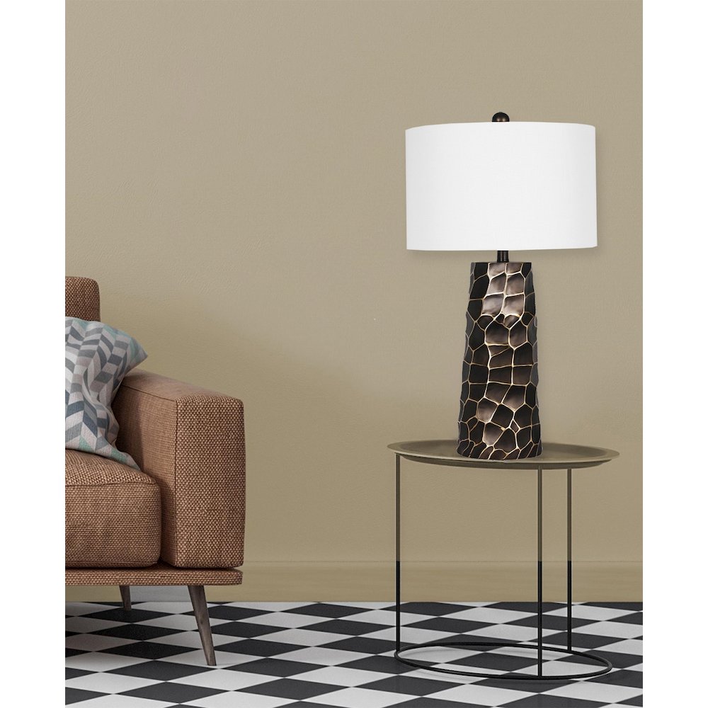 1-Light oil rubbed bronze table lamp with a white linen shade