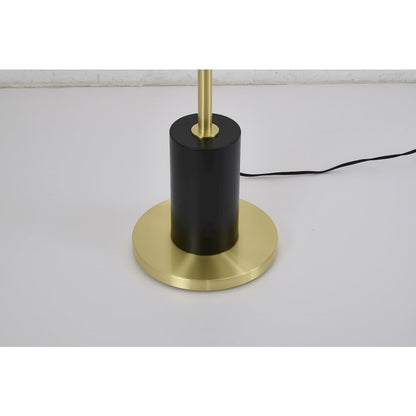 2-Light Black And Satin Brass Floor Lamp With A White Linen Shade