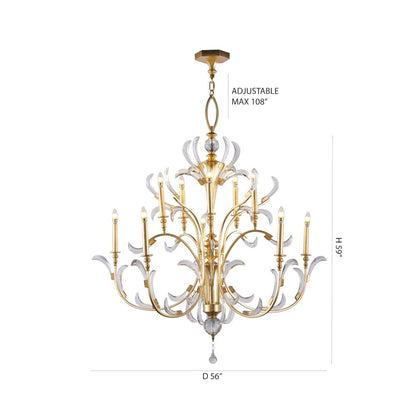 10-Light Gold Metal Leaf Chandelier With Clear Crystals