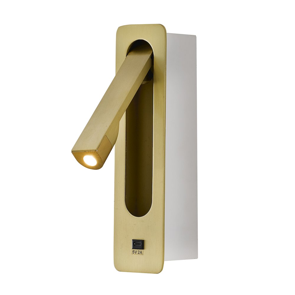 1-Light Satin Brass Metal LED Wall Sconce With One USB Port