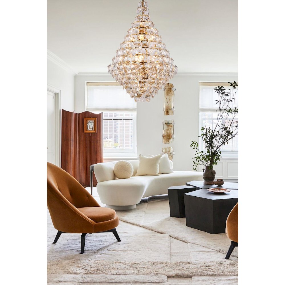 36-Light Brass Chandelier With Clear Hanging Crystals