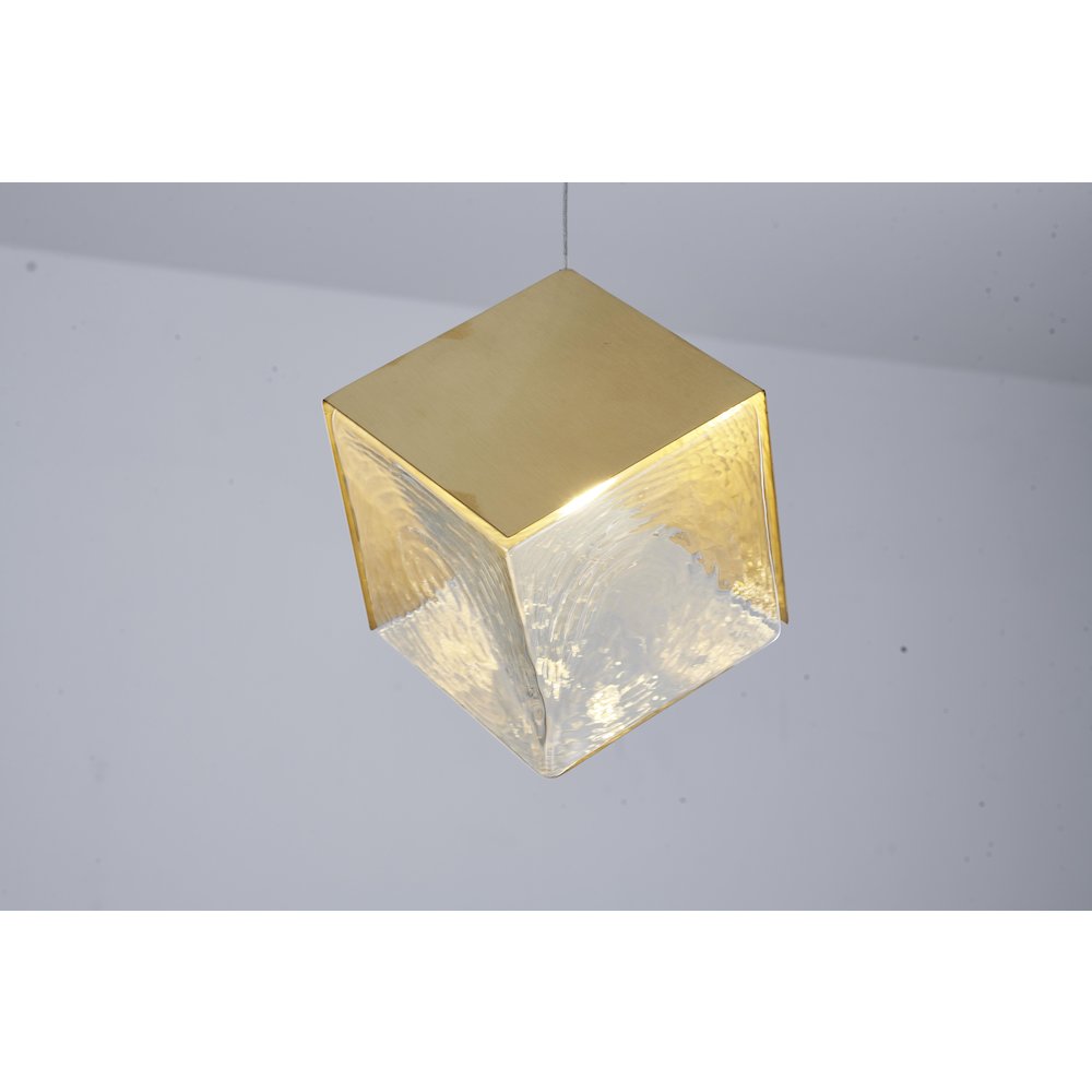 1-Light Brass Cubed Pendant With A Clear Distorted Glass Shade