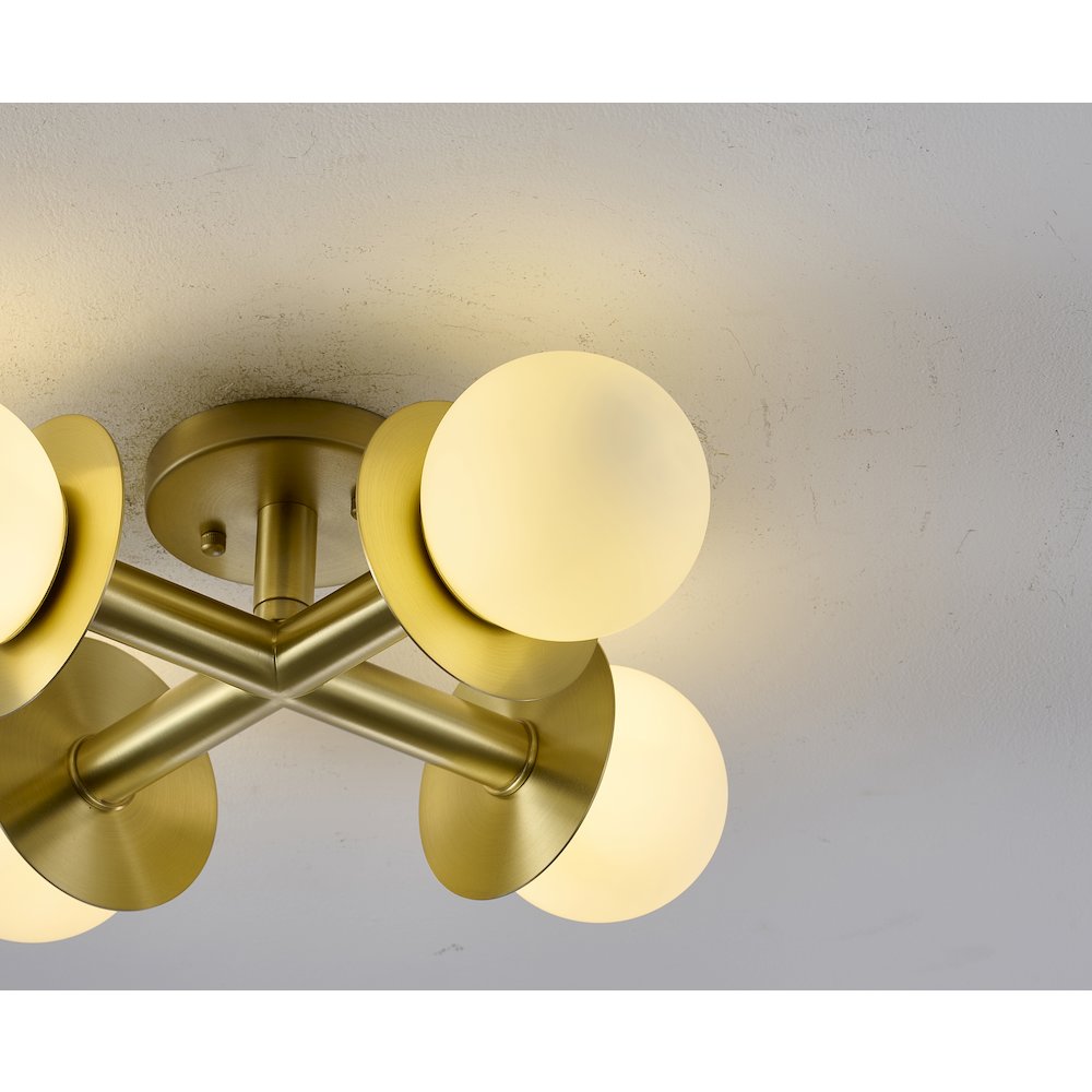 4-Light Satin Brass Flush Mount With White Glass Globe Shades
