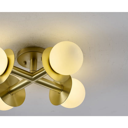 4-Light Satin Brass Flush Mount With White Glass Globe Shades