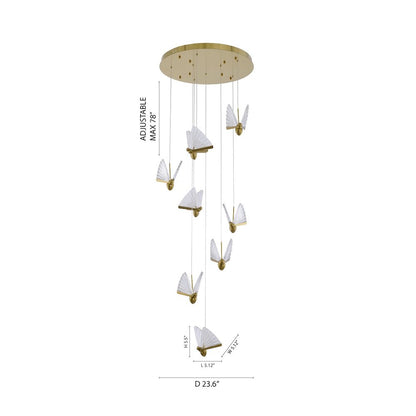 8-Light Stain Brass LED Chandelier With Butterfly Pendants