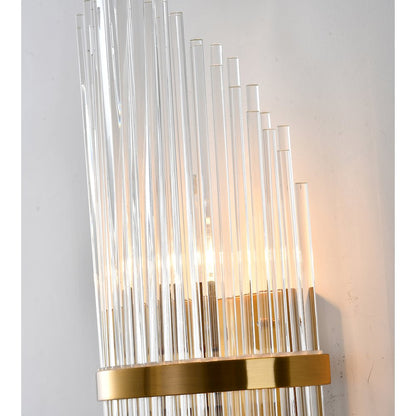2-Light Antique Brass Metal Wall Sconce With Clear Glass Rods
