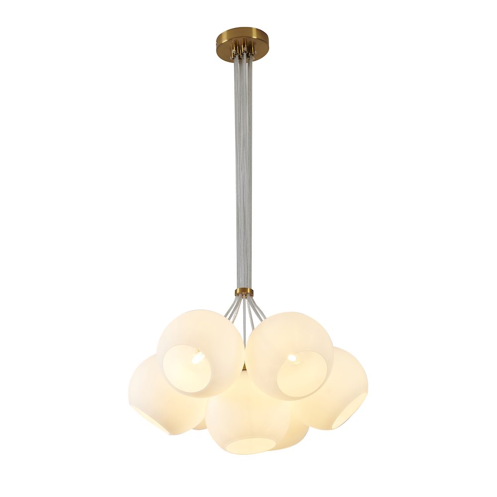 7-Light Gold Chandelier With White Glass Globe Shades