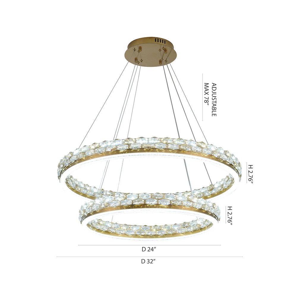 2-Light Brass LED Pendant With Crystal Accents