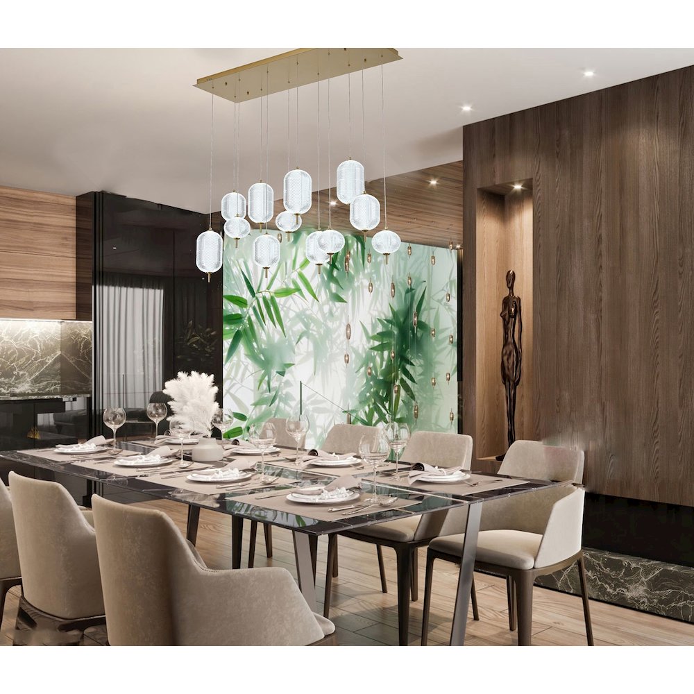 12-Light Satin Brass LED Chandelier With PC Shades