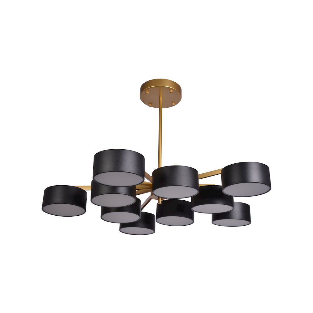 10-Light Gold LED Semi Flush Mount With Black Shades And White Frosted Diffusers
