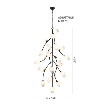 22-Light black iron frame chandelier with white glass shades