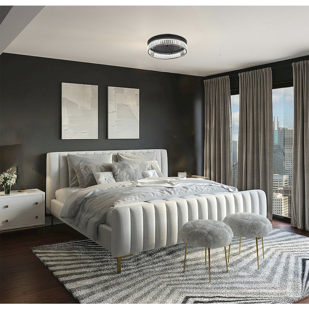 1-Light Satin Black Dimmable LED Flush Mount With Clear Crystals
