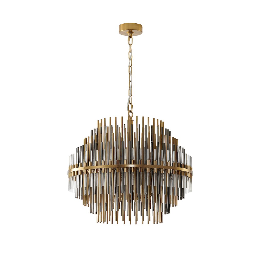 6-Light Brass Chandelier With Black Iron And Clear Glass Tubes