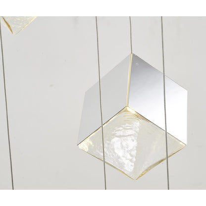 9-Light Chrome Cubed Chandelier With A Clear Distorted Glass Shades