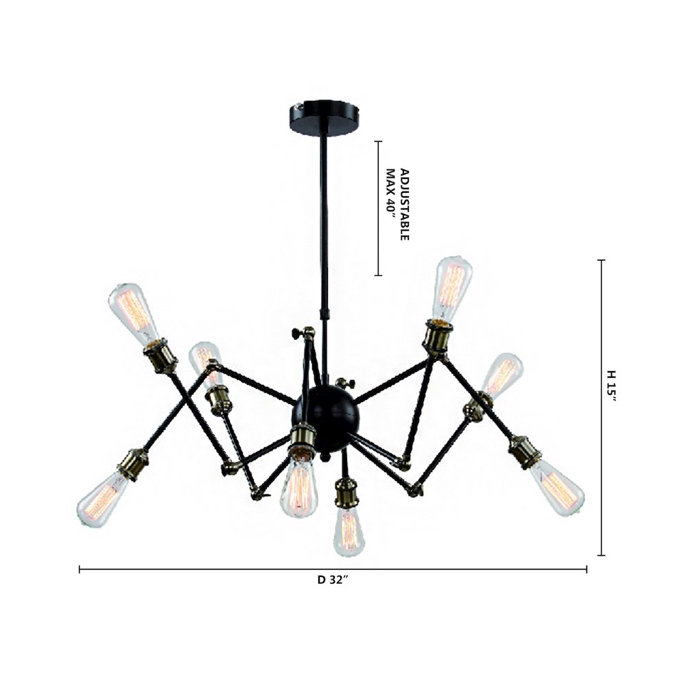 8-Light Black Spider Arm Chandelier With Brass Accents