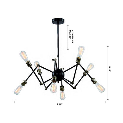 8-Light Black Spider Arm Chandelier With Brass Accents