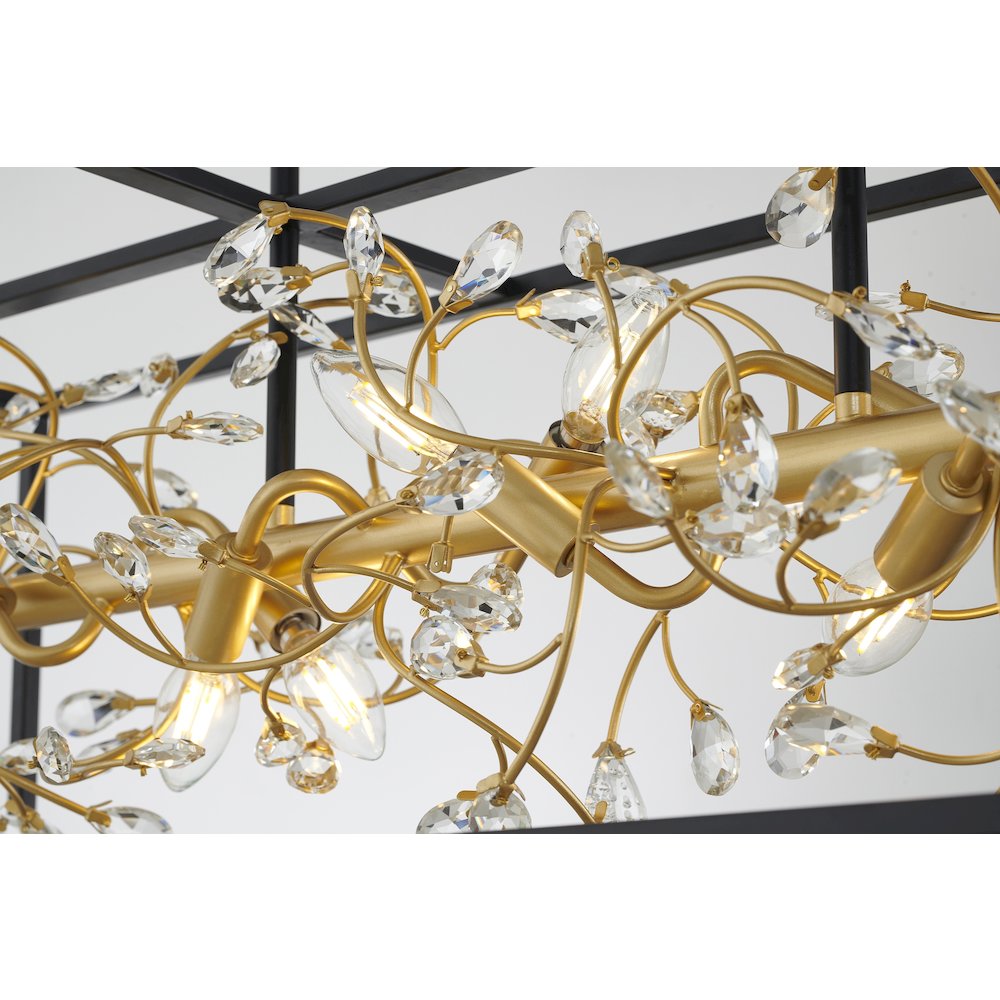 8-Light Black Cage Chandelier With Gold Branch And Clear Crystals