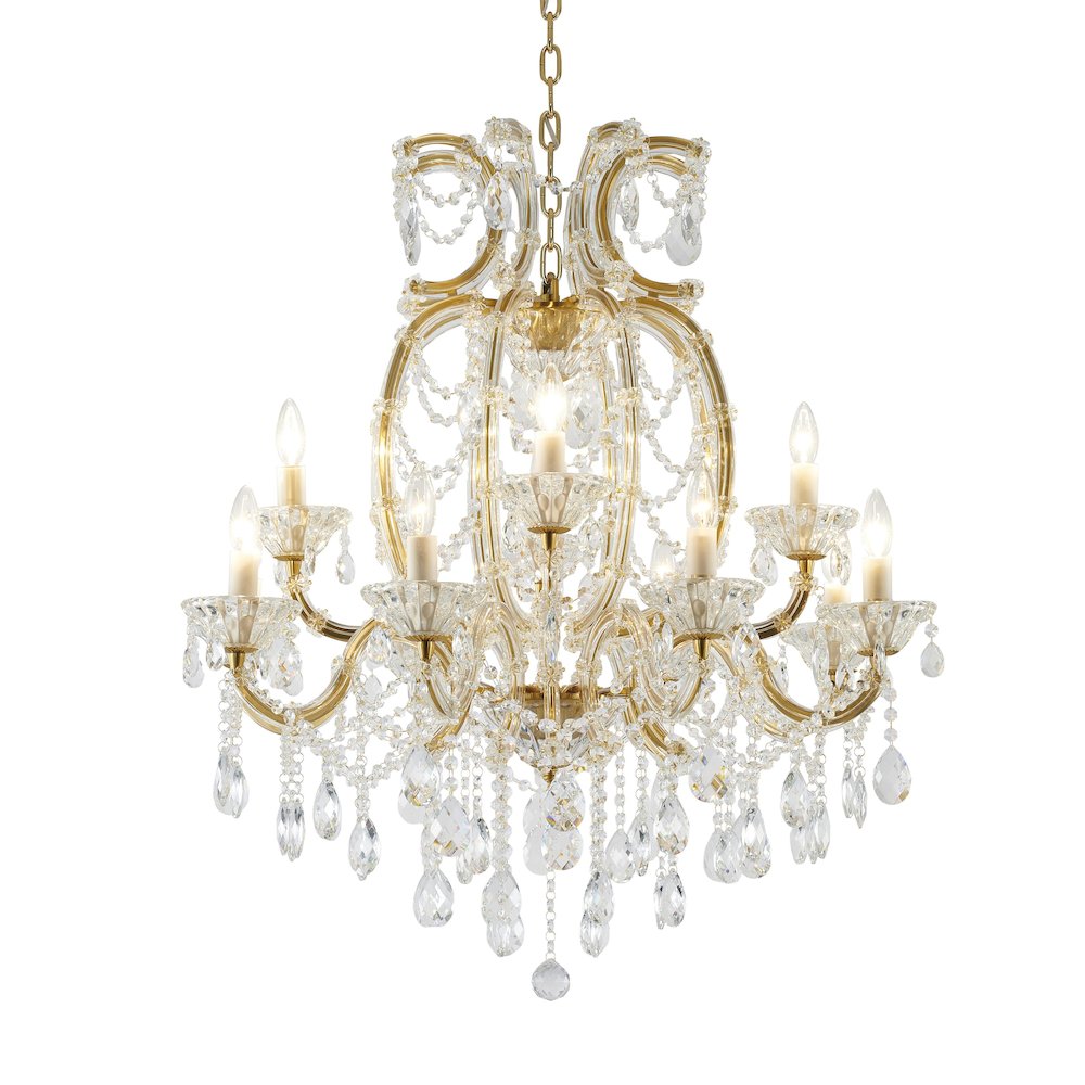 18-Light Satin Brass Metal Chandelier With Clear Hanging Crystals