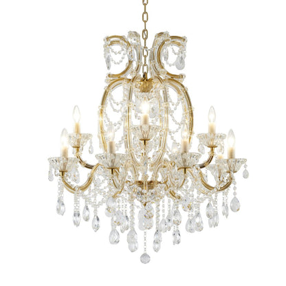 18-Light Satin Brass Metal Chandelier With Clear Hanging Crystals