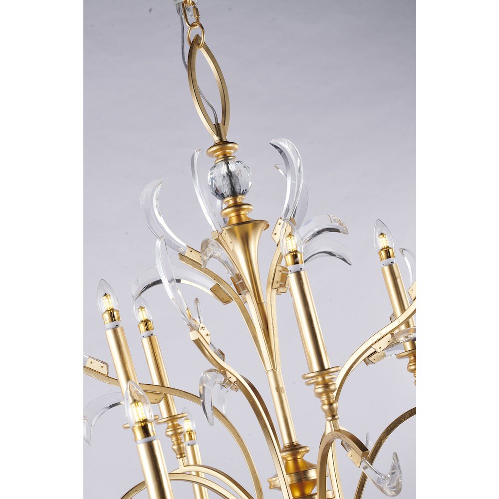 10-Light Gold Metal Leaf Chandelier With Clear Crystals