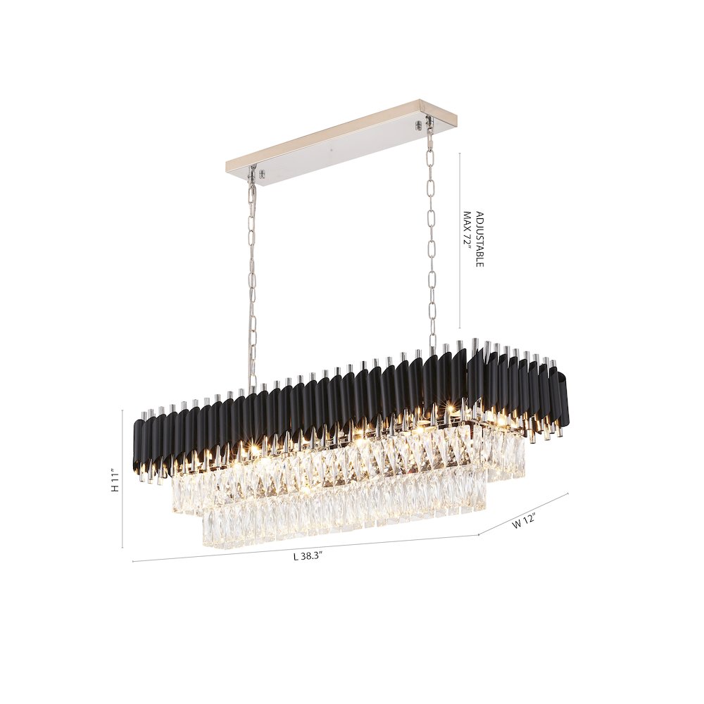 12-Light black and chrome chandelier with clear hanging crystals