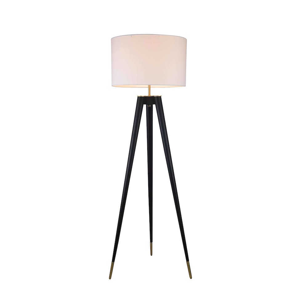 1-Light Black And Brass Floor Lamp With A White Linen Shade
