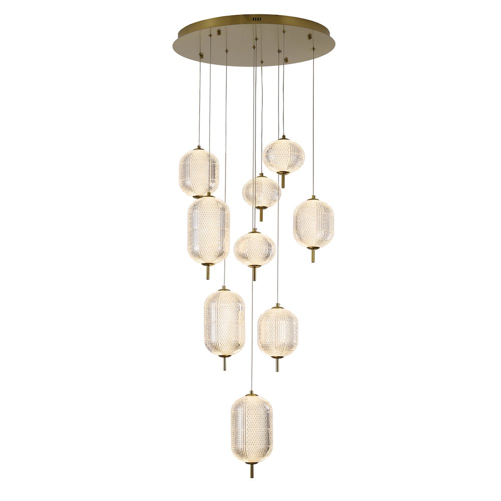 9-Light Flushed Brass Dimmable LED Chandelier With Hanging Clear  PC shades