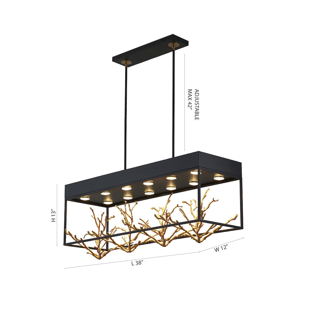 12-Light Matte Black Pendant With Gold Branch Accents