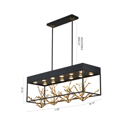 12-Light Matte Black Pendant With Gold Branch Accents