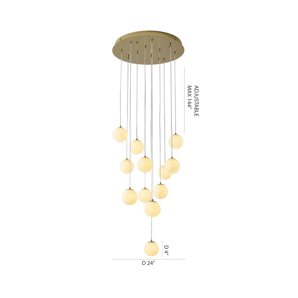 12-Light Brass Stainless Steel Chandelier With Alabaster Pendants