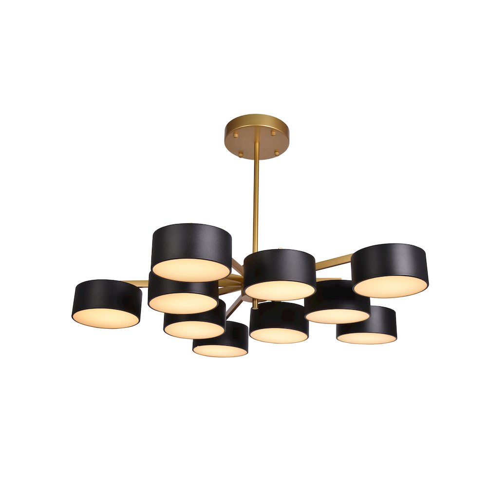 10-Light Gold LED Semi Flush Mount With Black Shades And White Frosted Diffusers