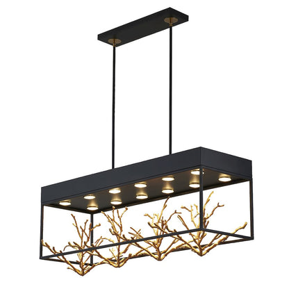 12-Light Matte Black Pendant With Gold Branch Accents
